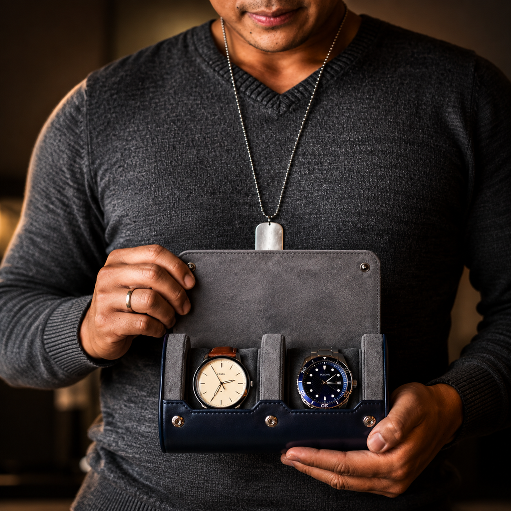 2 Watch Travel Case Vegan Leather Watch Roll (Midnight Blue)