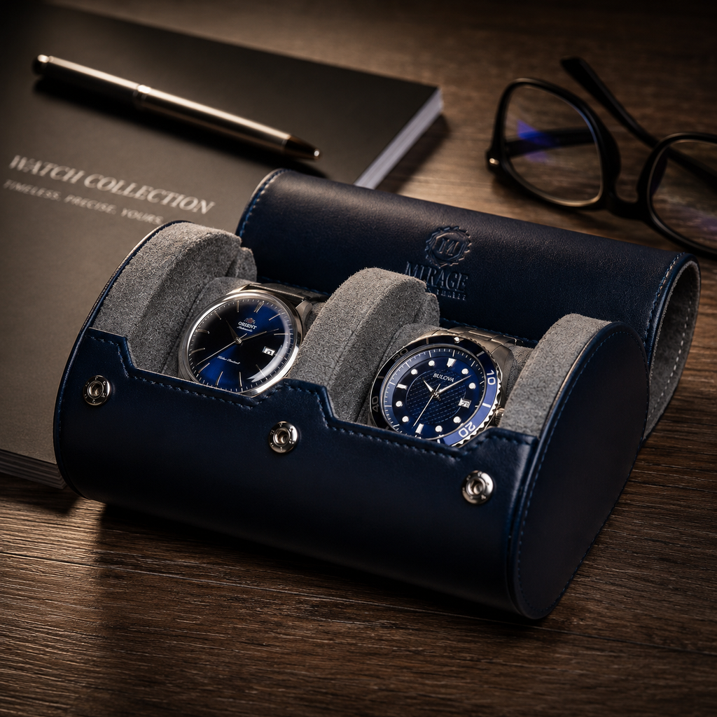 2 Watch Travel Case Vegan Leather Watch Roll (Midnight Blue)