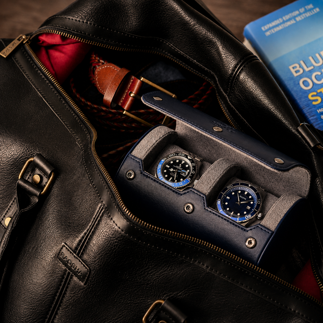 2 Watch Travel Case Vegan Leather Watch Roll (Midnight Blue)