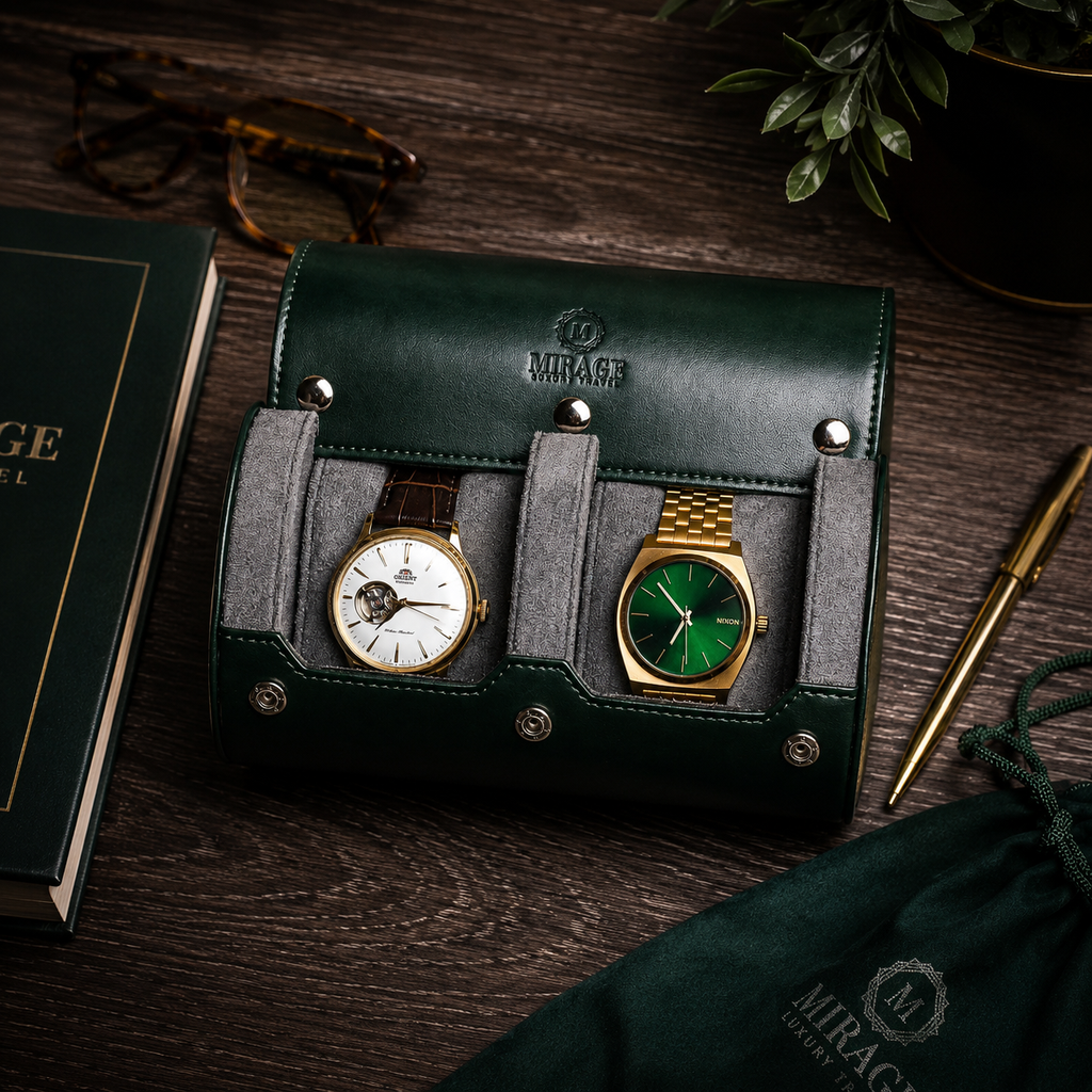 2 Watch Travel Case Vegan Leather Watch Roll (Royal Green)