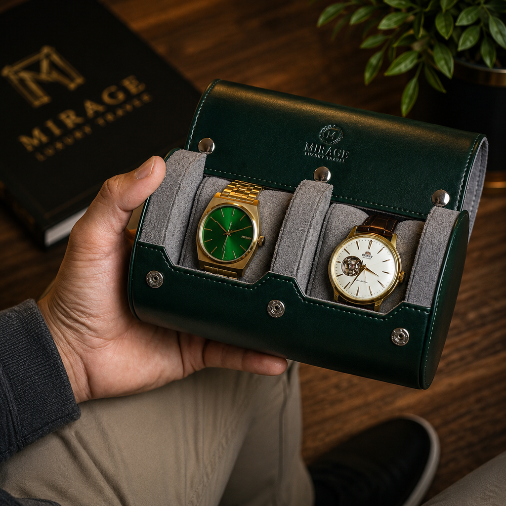 2 Watch Travel Case Vegan Leather Watch Roll (Royal Green)