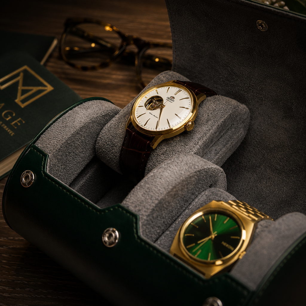2 Watch Travel Case Vegan Leather Watch Roll (Royal Green)