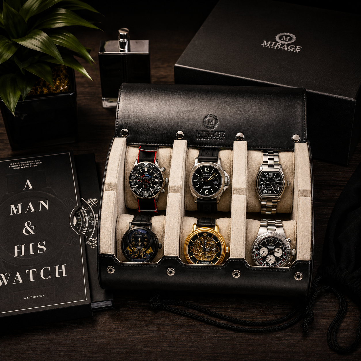 6 Watch Travel Case Vegan Leather Watch Roll (Jade Black - White Interior)
