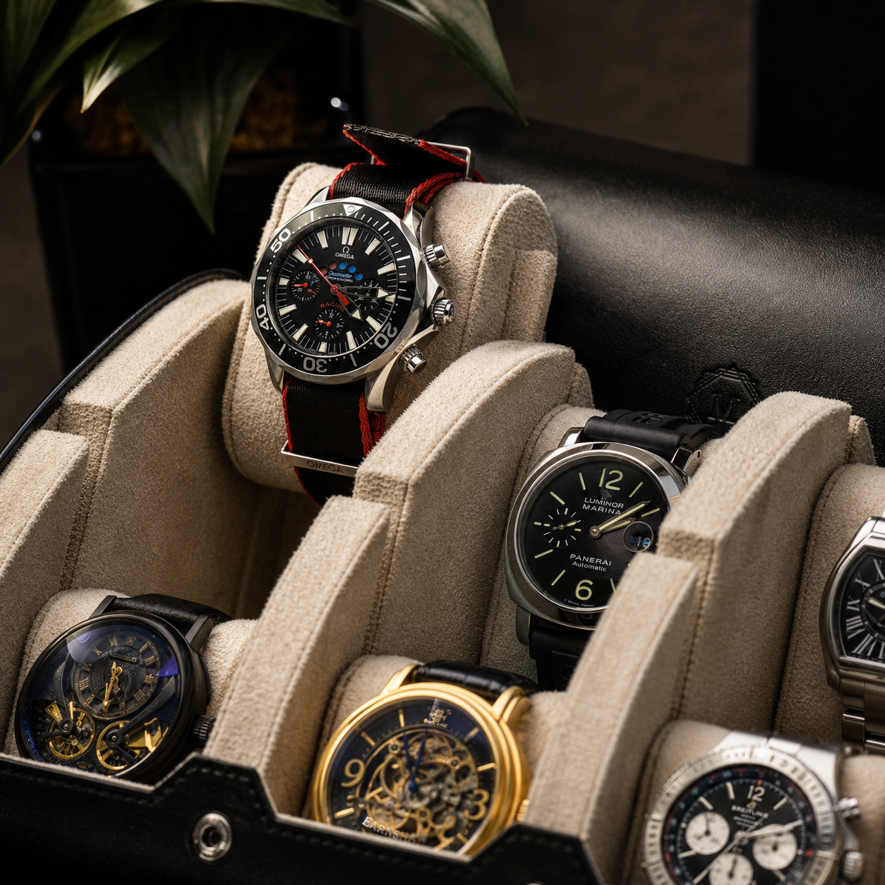 6 Watch Travel Case Vegan Leather Watch Roll (Jade Black - White Interior)