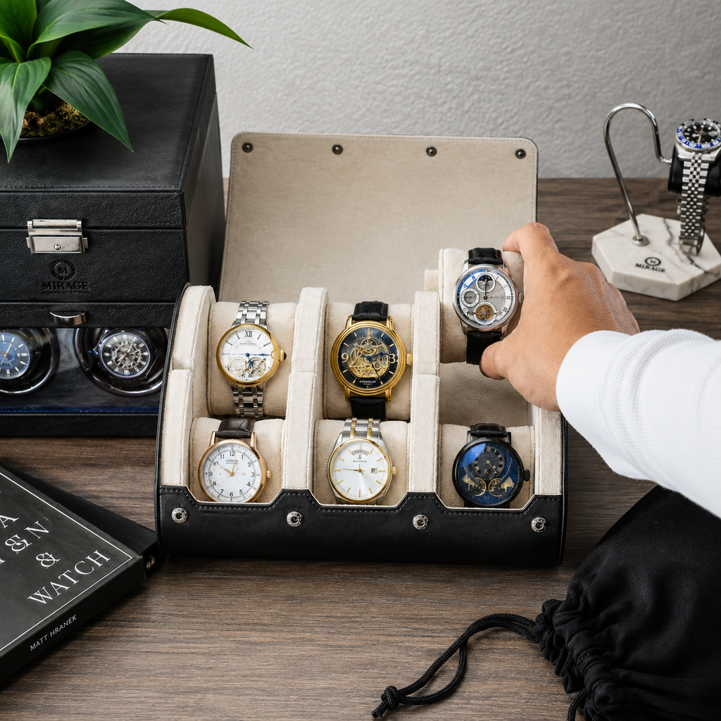 6 Watch Travel Case Vegan Leather Watch Roll (Jade Black - White Interior)
