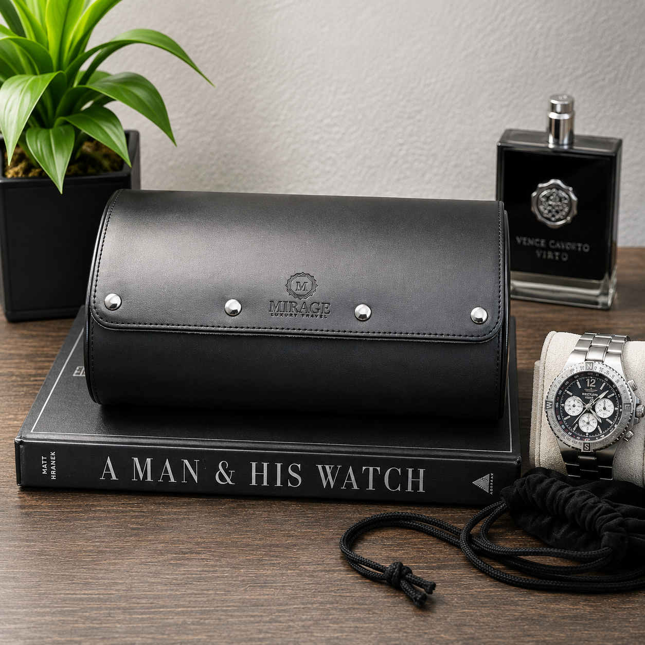 6 Watch Travel Case Vegan Leather Watch Roll (Jade Black - White Interior)