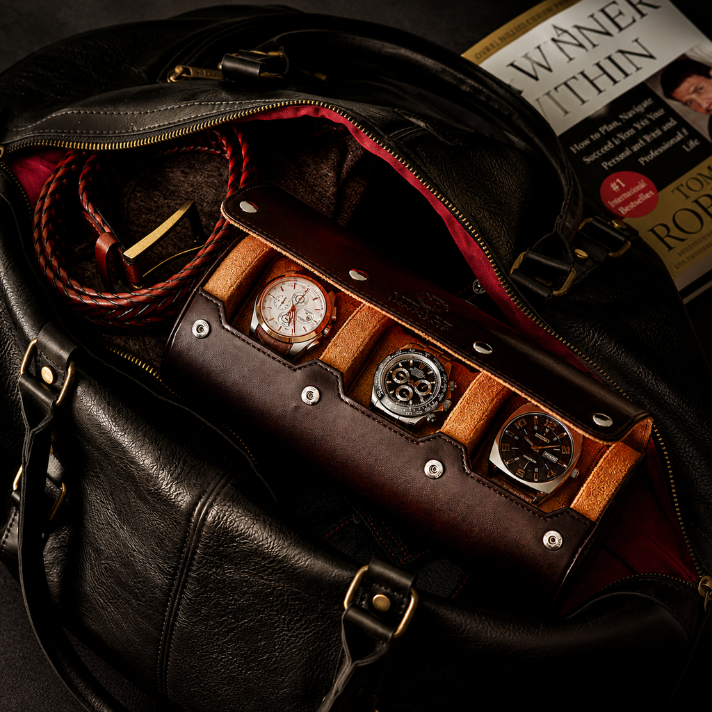 3 Watch Travel Case Vegan Leather Watch Roll (Espresso Brown)