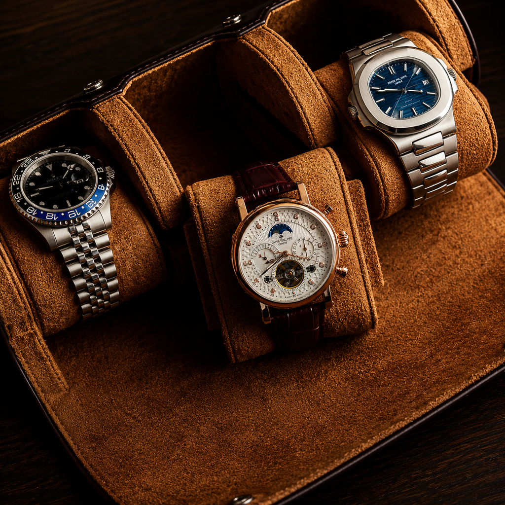 3 Watch Travel Case Vegan Leather Watch Roll (Espresso Brown)