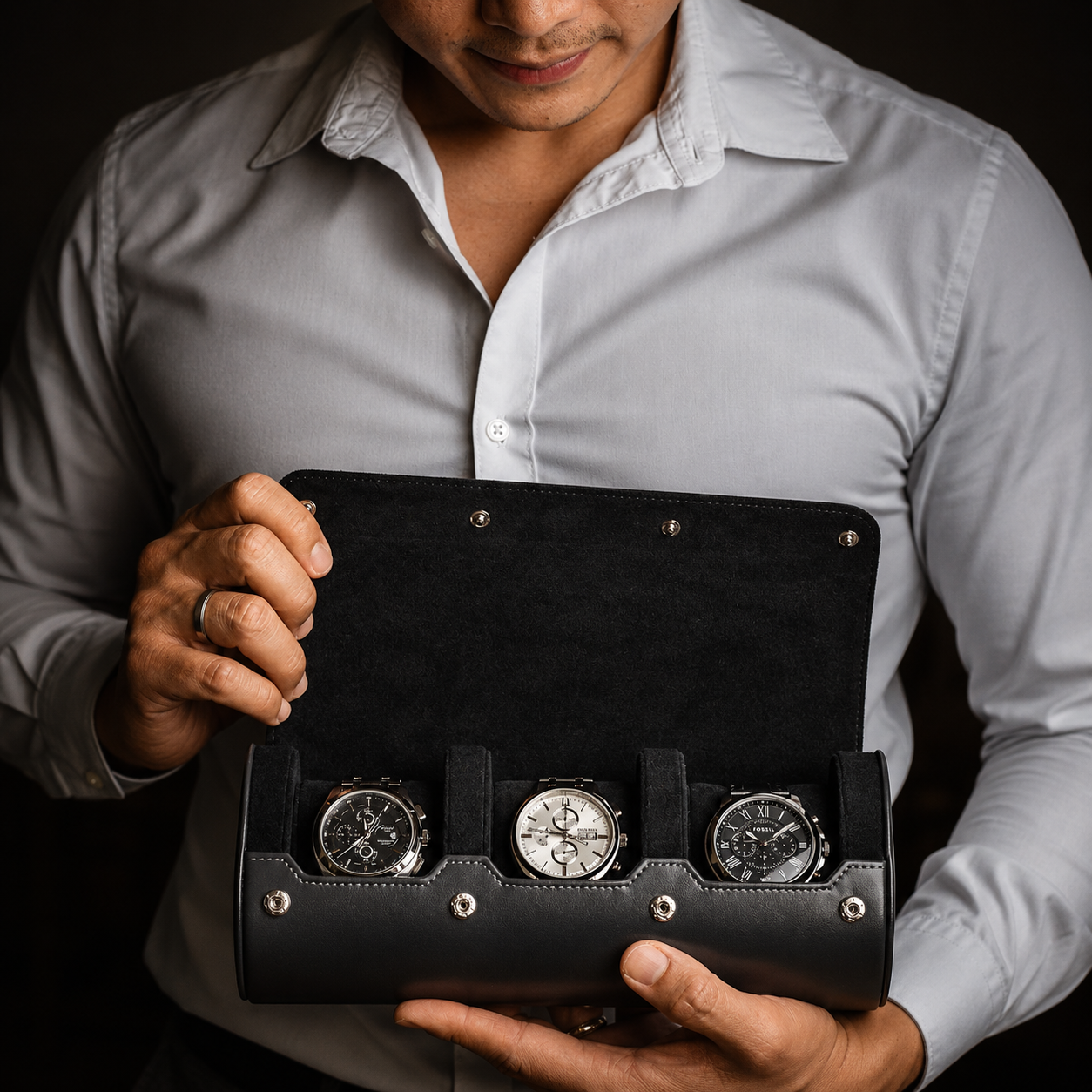 3 Watch Travel Case Vegan Leather Watch Roll (Slate Gray)