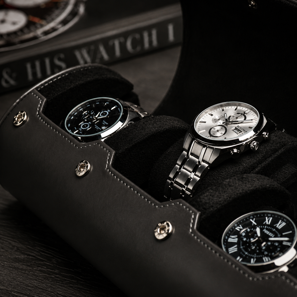 3 Watch Travel Case Vegan Leather Watch Roll (Slate Gray)