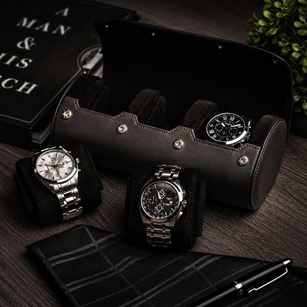 3 Watch Travel Case Vegan Leather Watch Roll (Slate Gray)