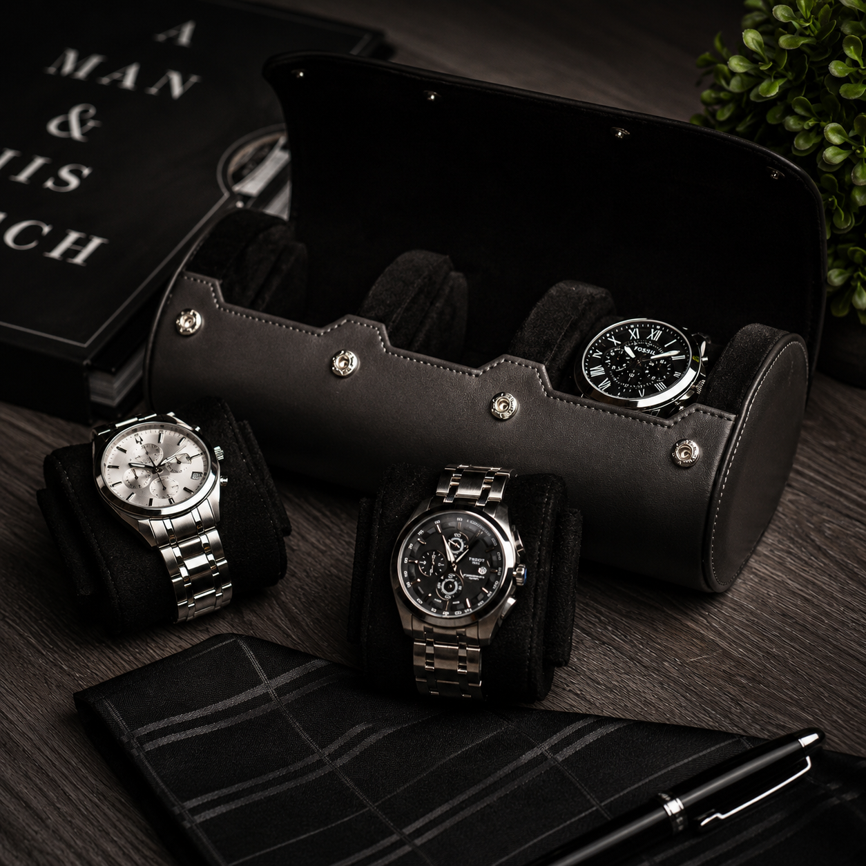 3 Watch Travel Case Vegan Leather Watch Roll (Slate Gray)