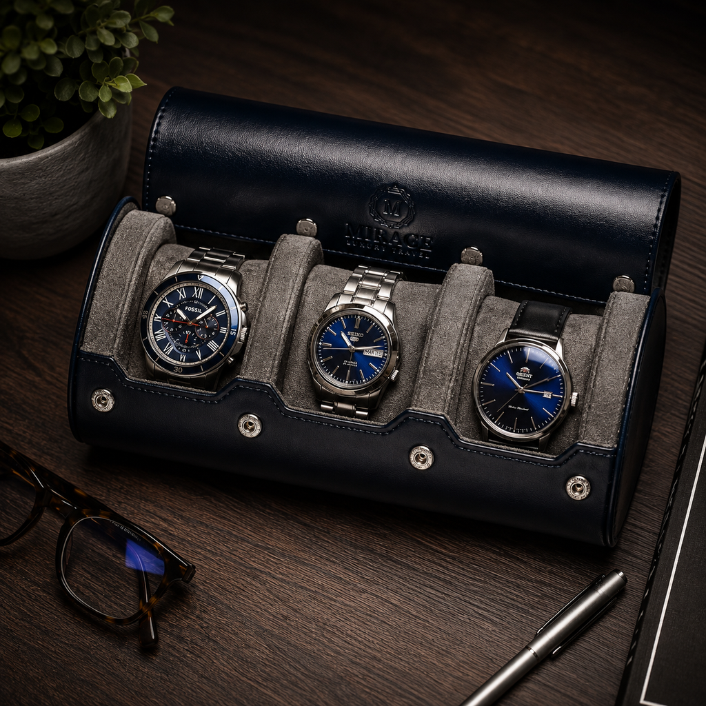 3 Watch Travel Case Vegan Leather Watch Roll (Midnight Blue)
