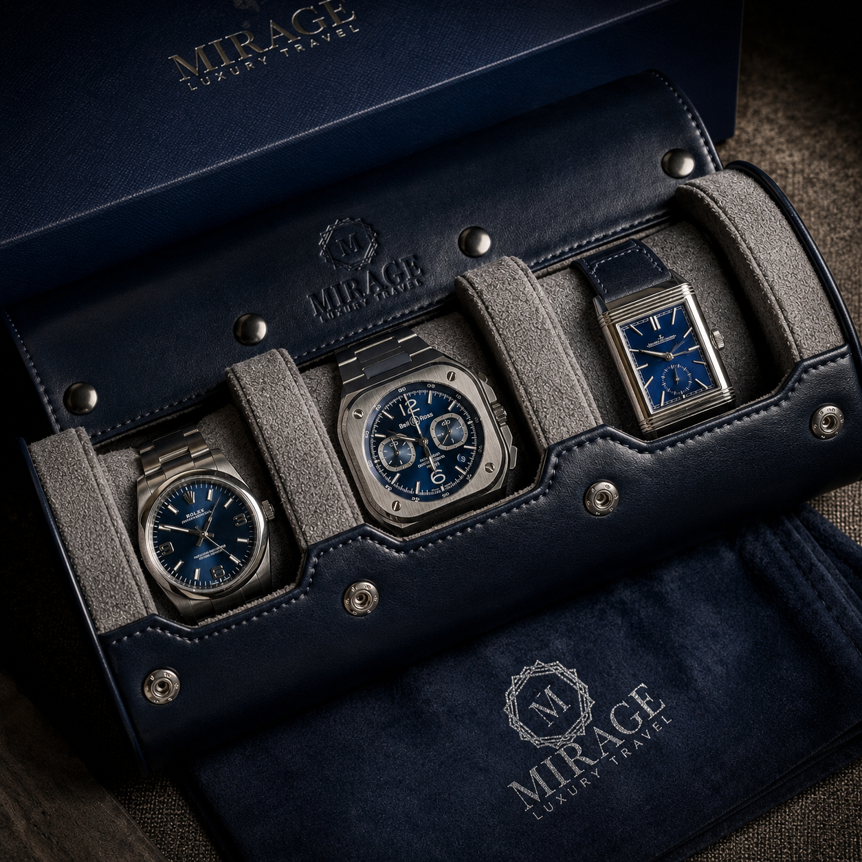 3 Watch Travel Case Vegan Leather Watch Roll (Midnight Blue)