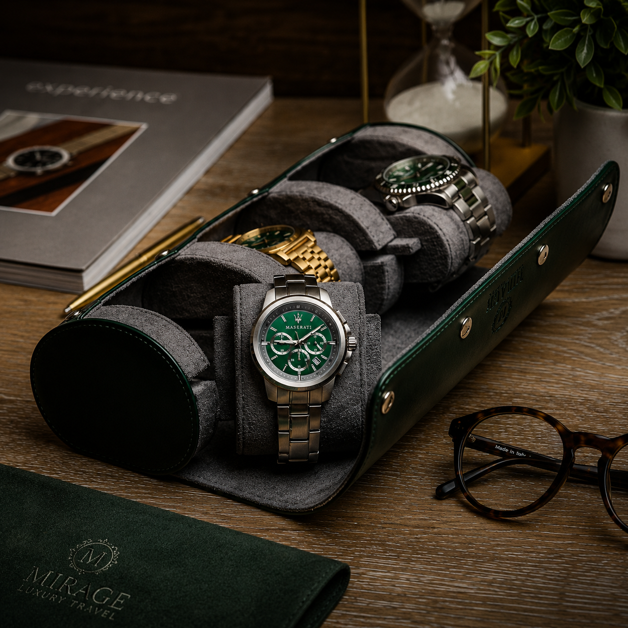 3 Watch Travel Case Vegan Leather Watch Roll (Royal Green)