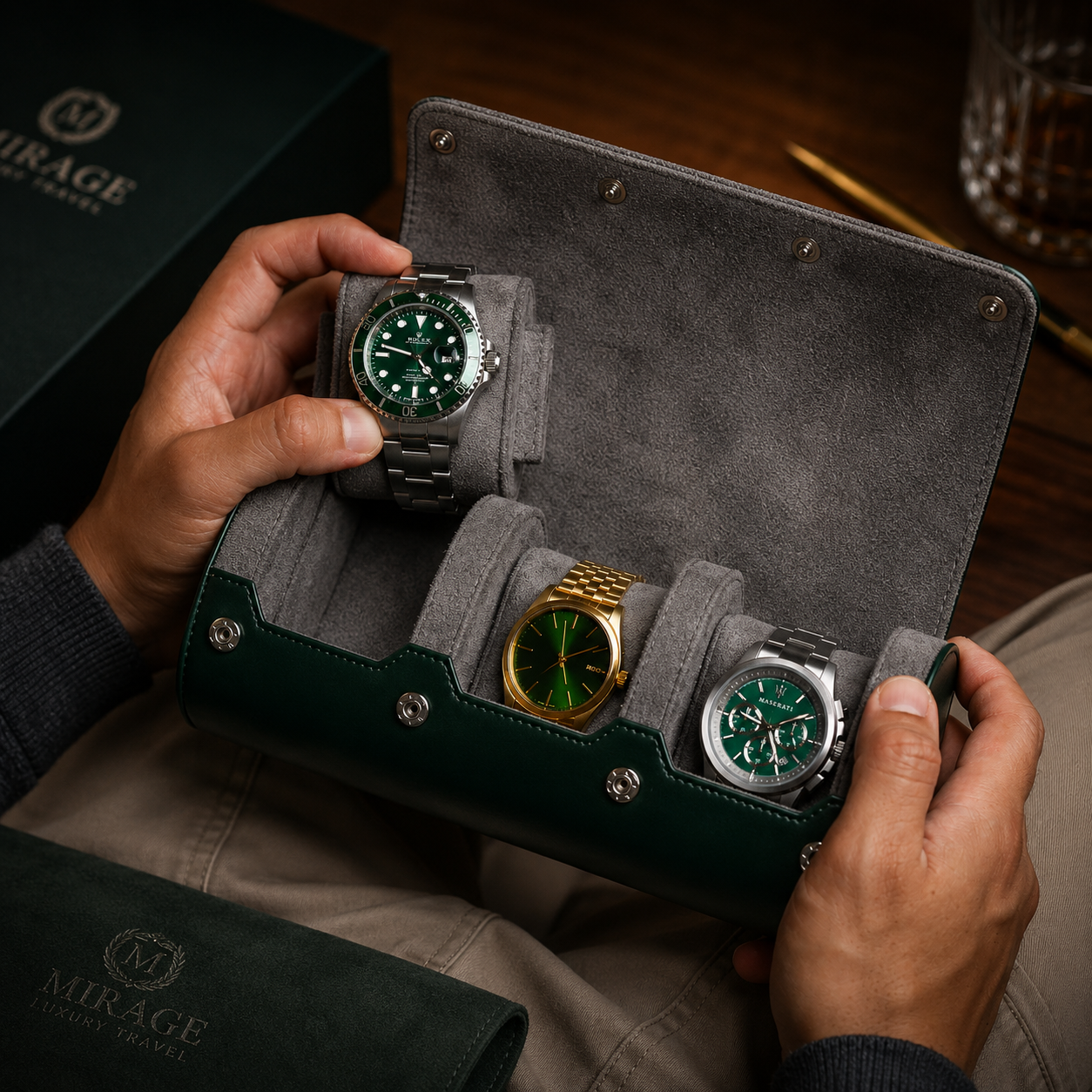 3 Watch Travel Case Vegan Leather Watch Roll (Royal Green)