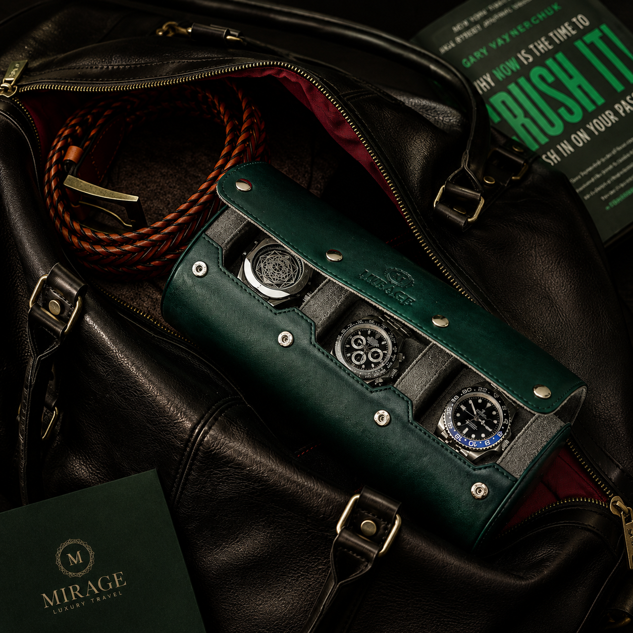 3 Watch Travel Case Vegan Leather Watch Roll (Royal Green)