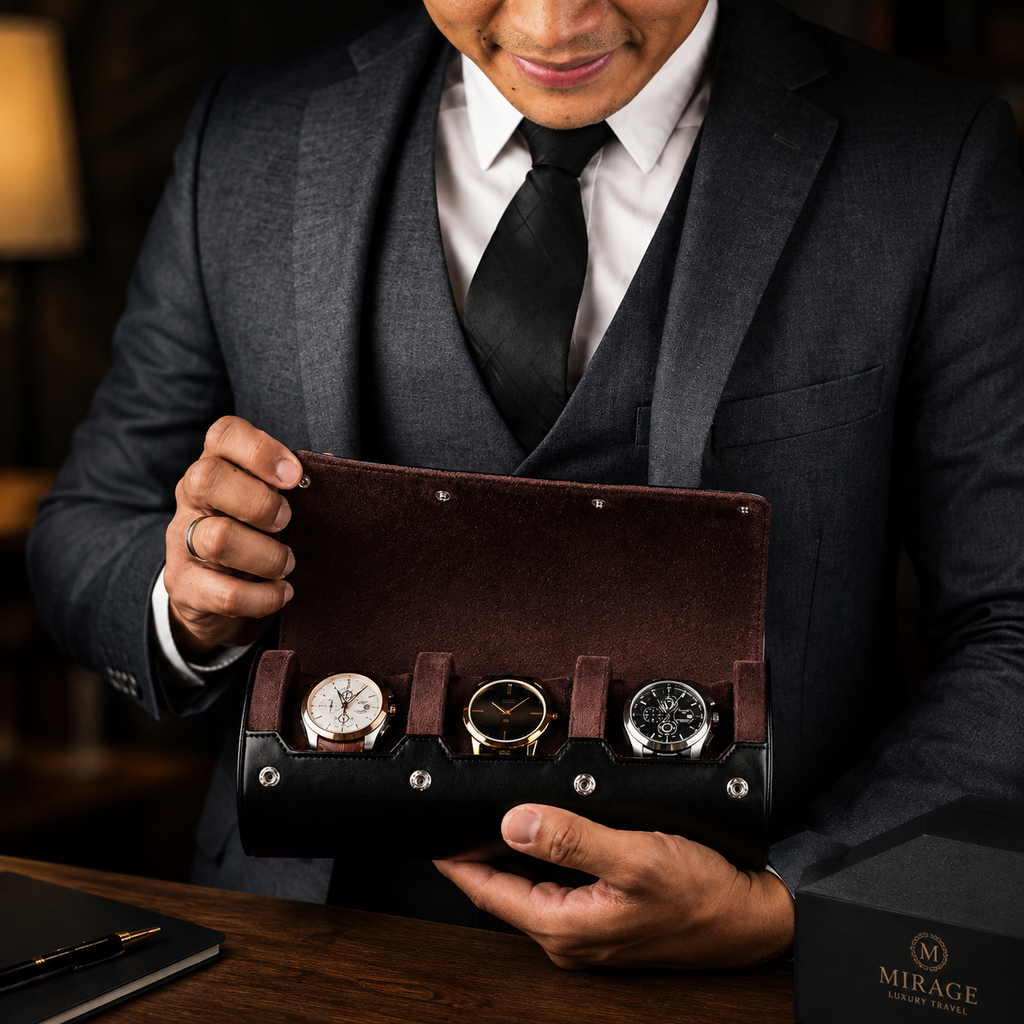 3 Watch Travel Case Vegan Leather Watch Roll (Jade Black)