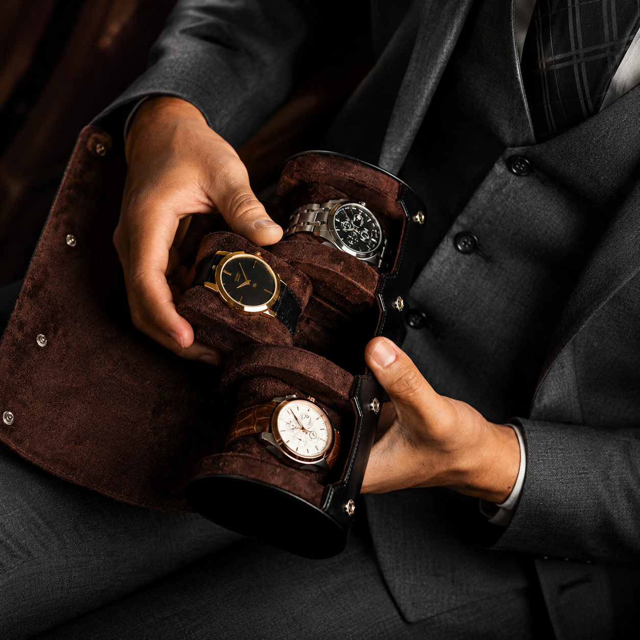 3 Watch Travel Case Vegan Leather Watch Roll (Jade Black)