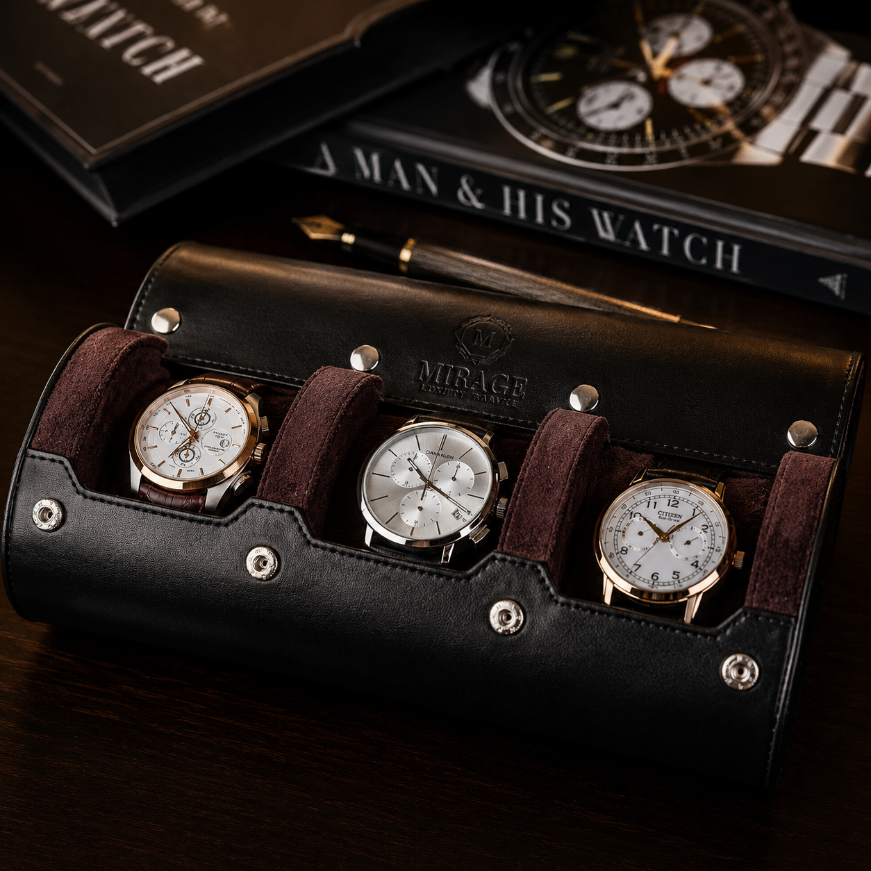 3 Watch Travel Case Vegan Leather Watch Roll (Jade Black)
