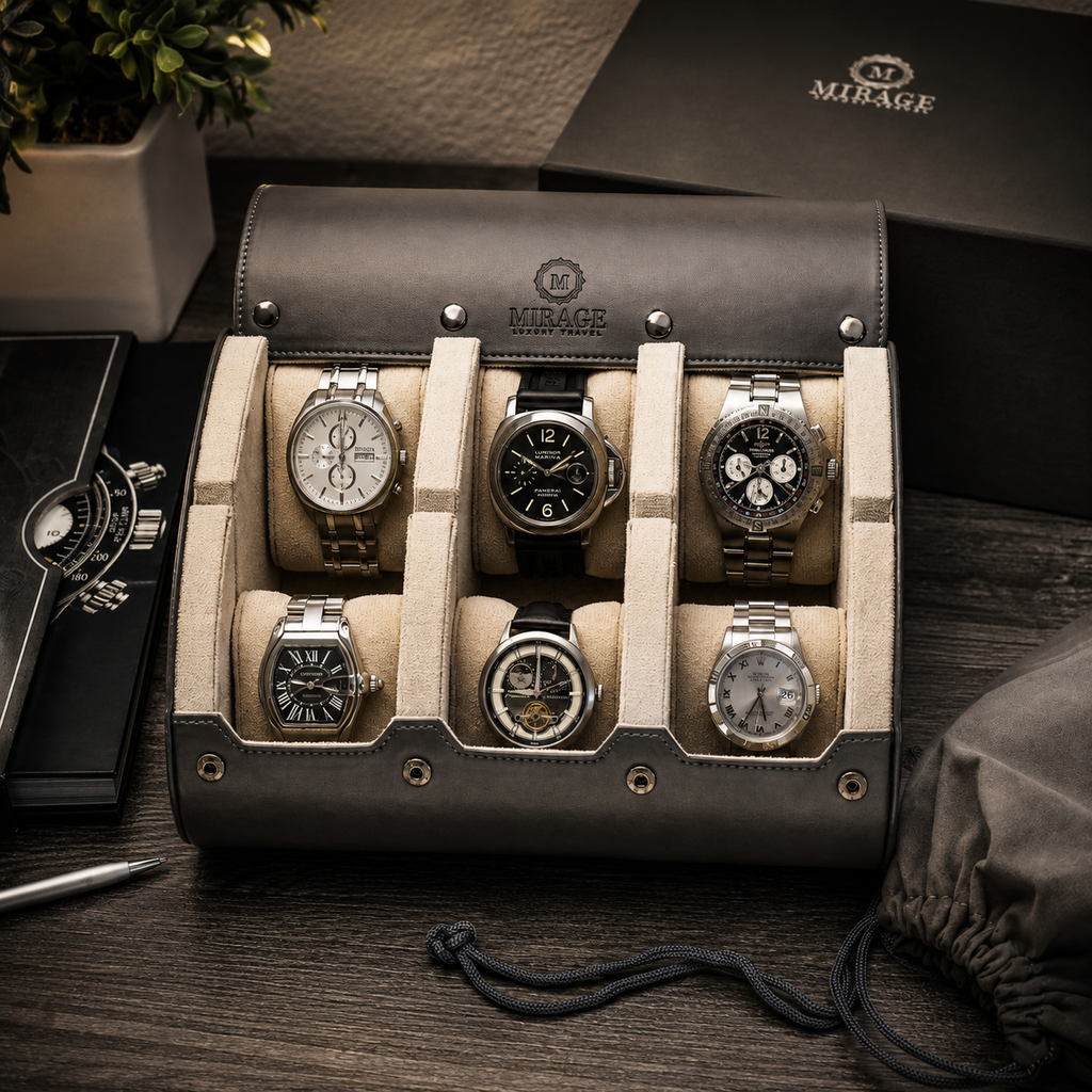 6 Watch Travel Case Vegan Leather Watch Roll (Slate Gray - White Interior)