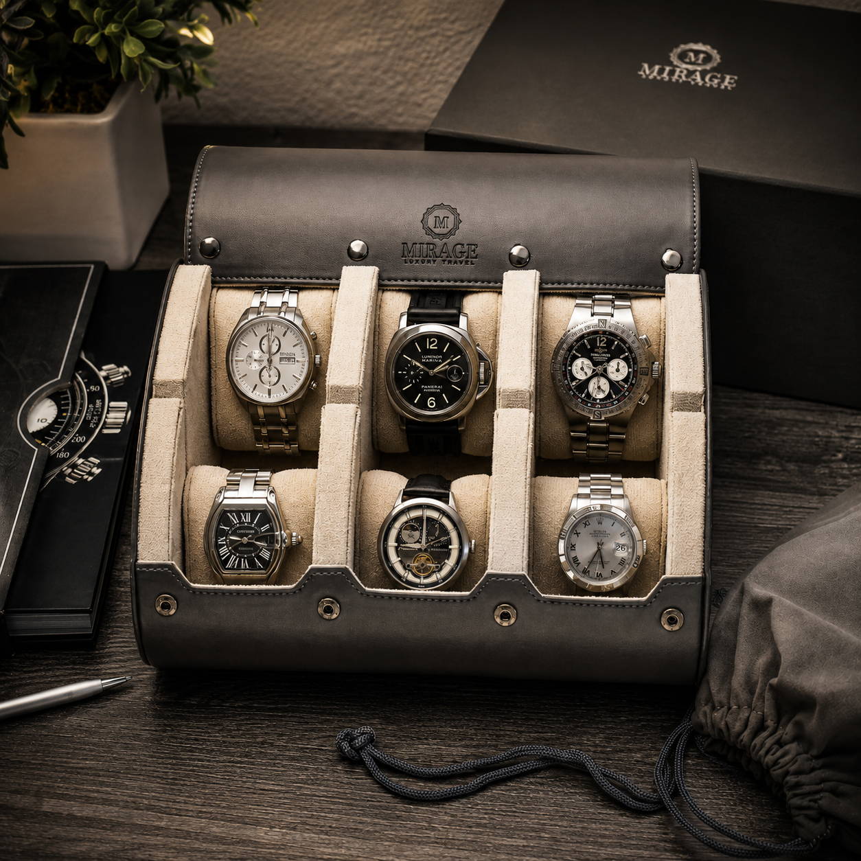 6 Watch Travel Case Vegan Leather Watch Roll (Slate Gray - White Interior)