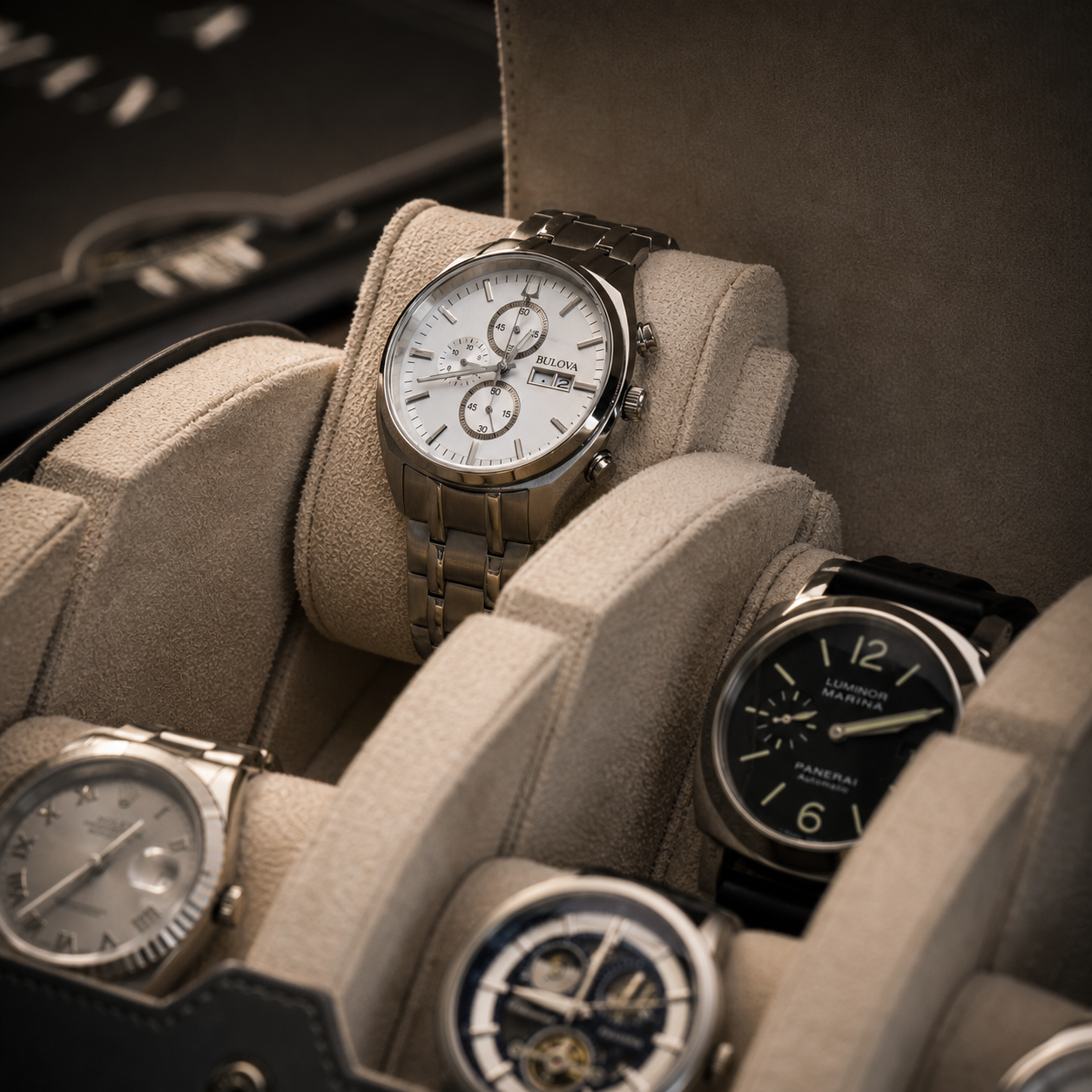6 Watch Travel Case Vegan Leather Watch Roll (Slate Gray - White Interior)