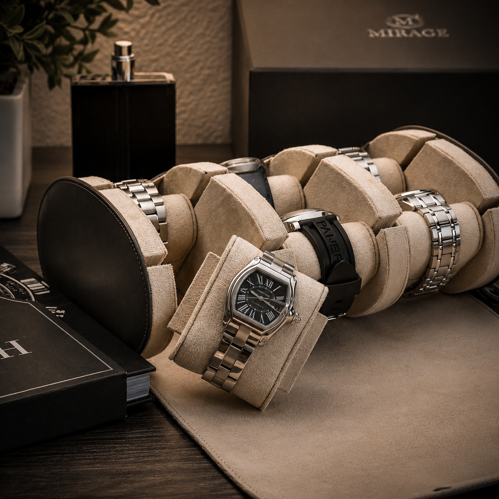 6 Watch Travel Case Vegan Leather Watch Roll (Slate Gray - White Interior)
