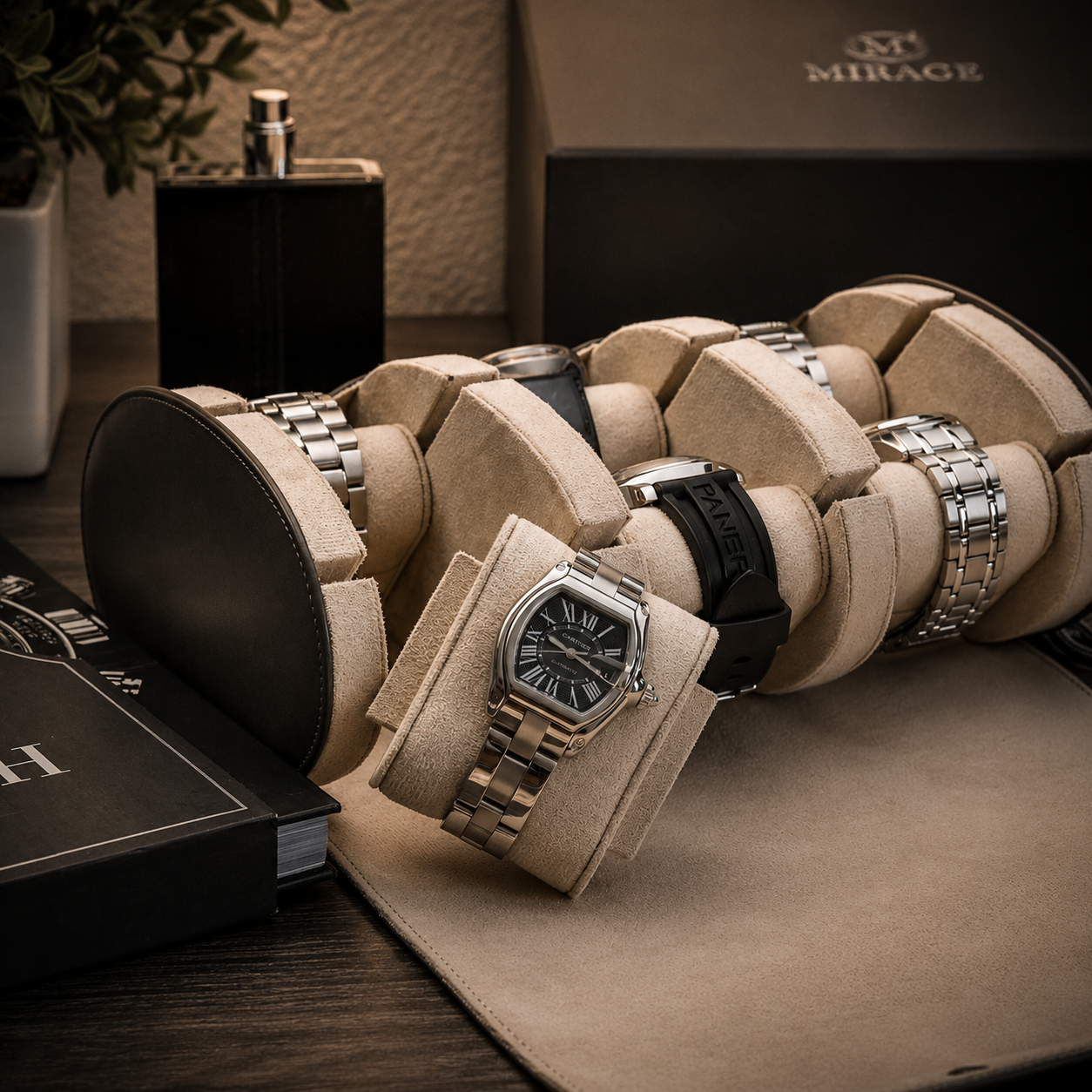 6 Watch Travel Case Vegan Leather Watch Roll (Slate Gray - White Interior)