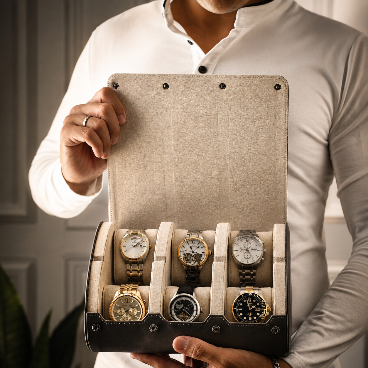 6 Watch Travel Case Vegan Leather Watch Roll (Slate Gray - White Interior)