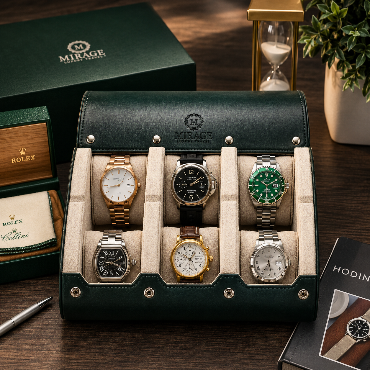 6 Watch Travel Case Vegan Leather Watch Roll (Royal Green - White Interior)