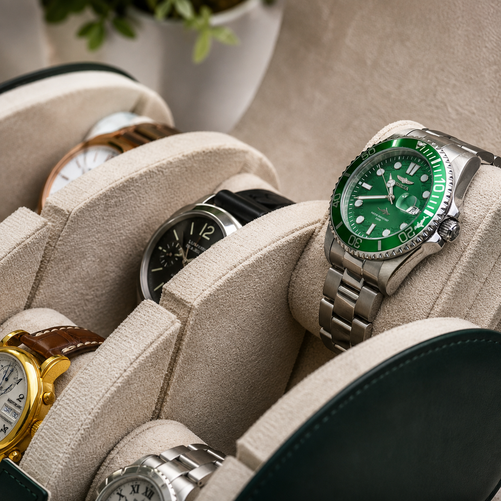 6 Watch Travel Case Vegan Leather Watch Roll (Royal Green - White Interior)