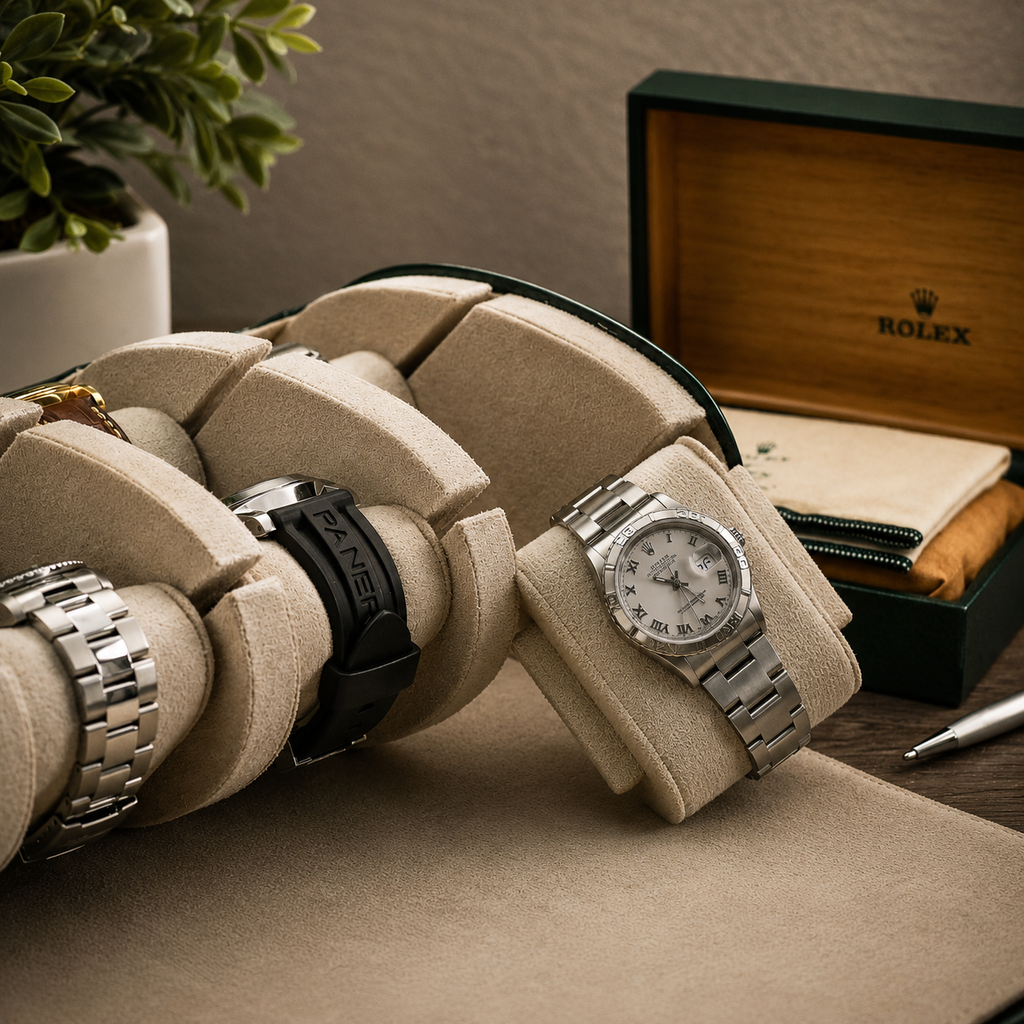 6 Watch Travel Case Vegan Leather Watch Roll (Royal Green - White Interior)