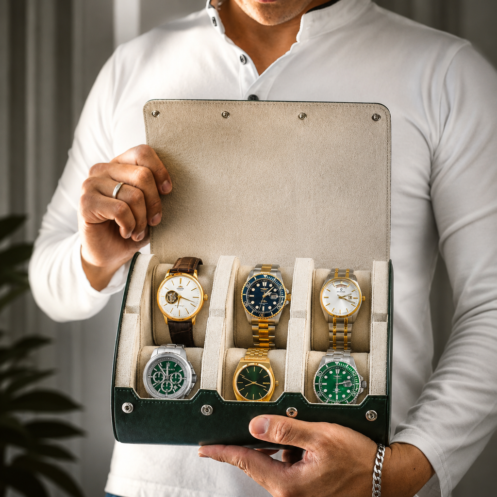 6 Watch Travel Case Vegan Leather Watch Roll (Royal Green - White Interior)