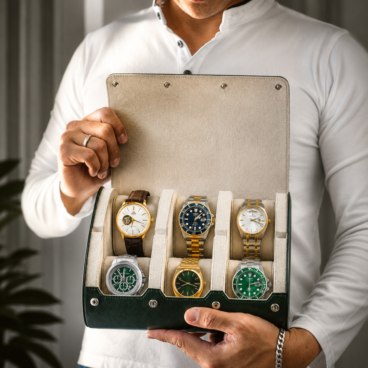 6 Watch Travel Case Vegan Leather Watch Roll (Royal Green - White Interior)