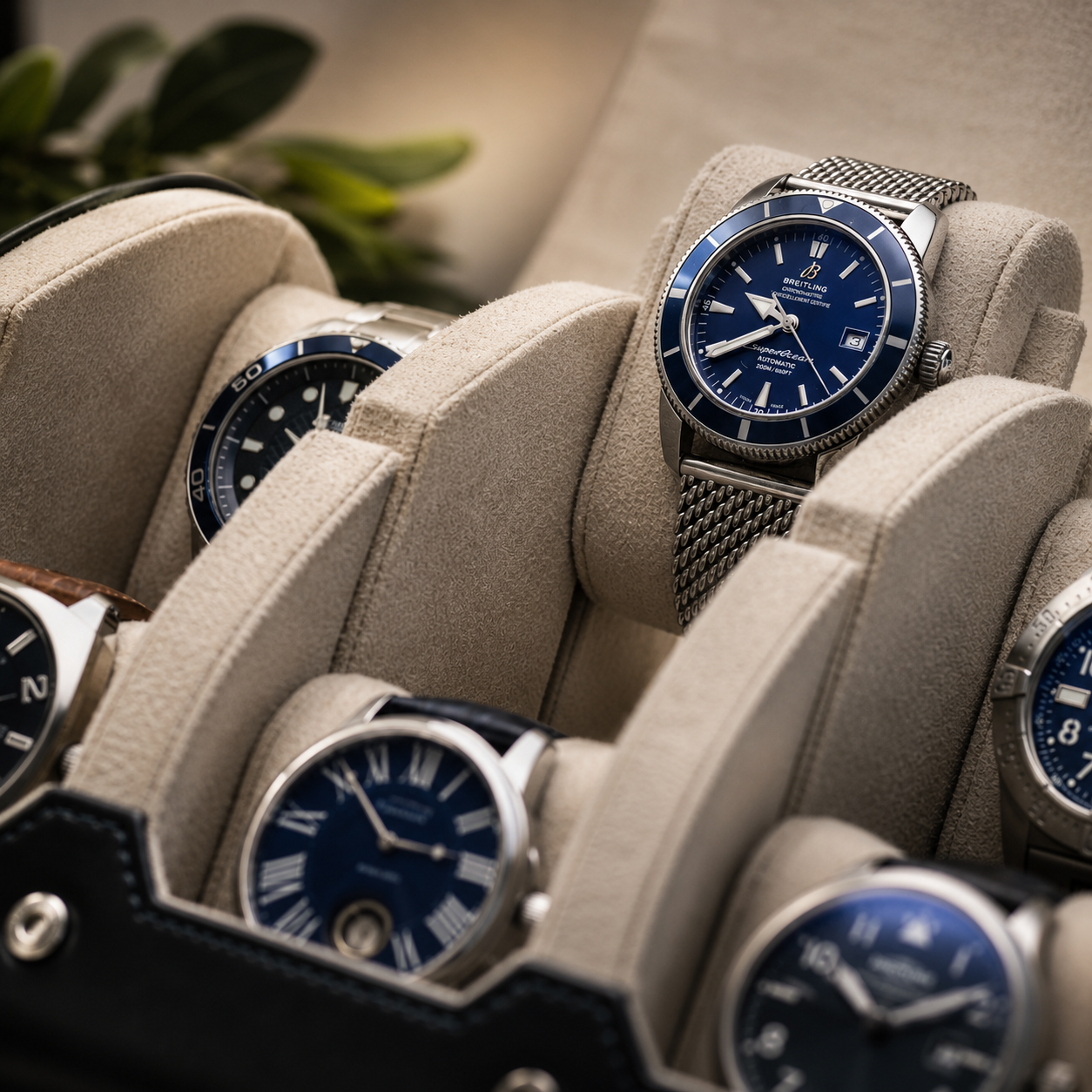 6 Watch Travel Case Vegan Leather Watch Roll (Midnight Blue - White Interior)