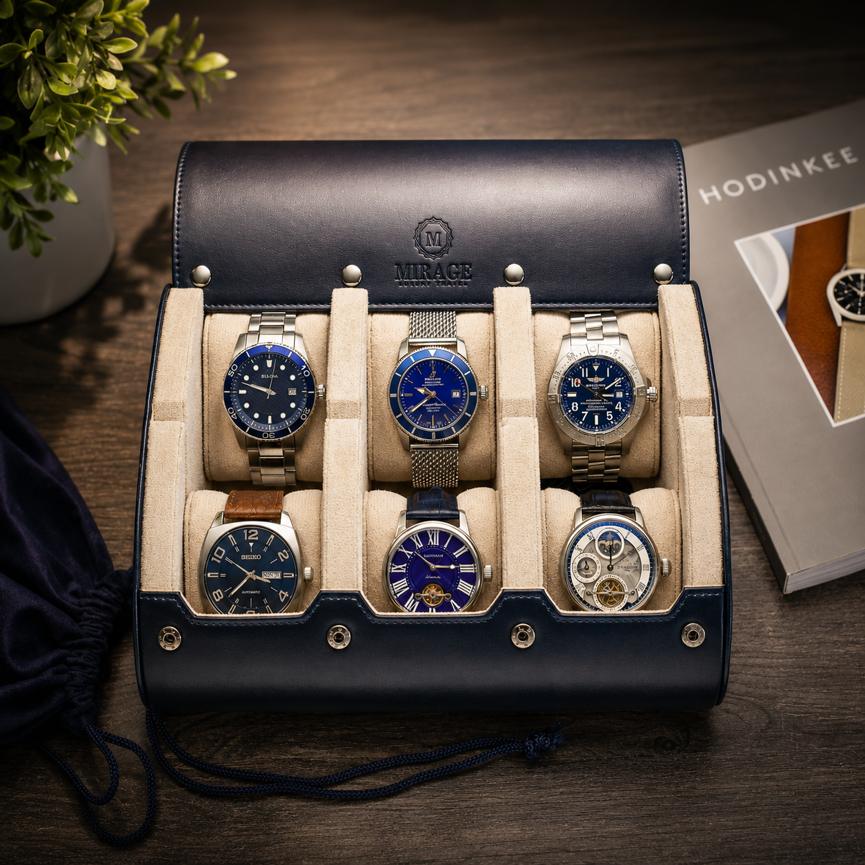 6 Watch Travel Case Vegan Leather Watch Roll (Midnight Blue - White Interior)