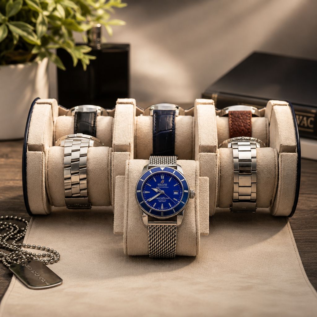 6 Watch Travel Case Vegan Leather Watch Roll (Midnight Blue - White Interior)