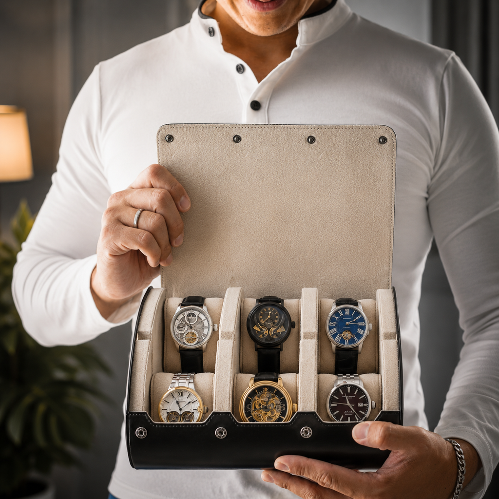 6 Watch Travel Case Vegan Leather Watch Roll (Midnight Blue - White Interior)