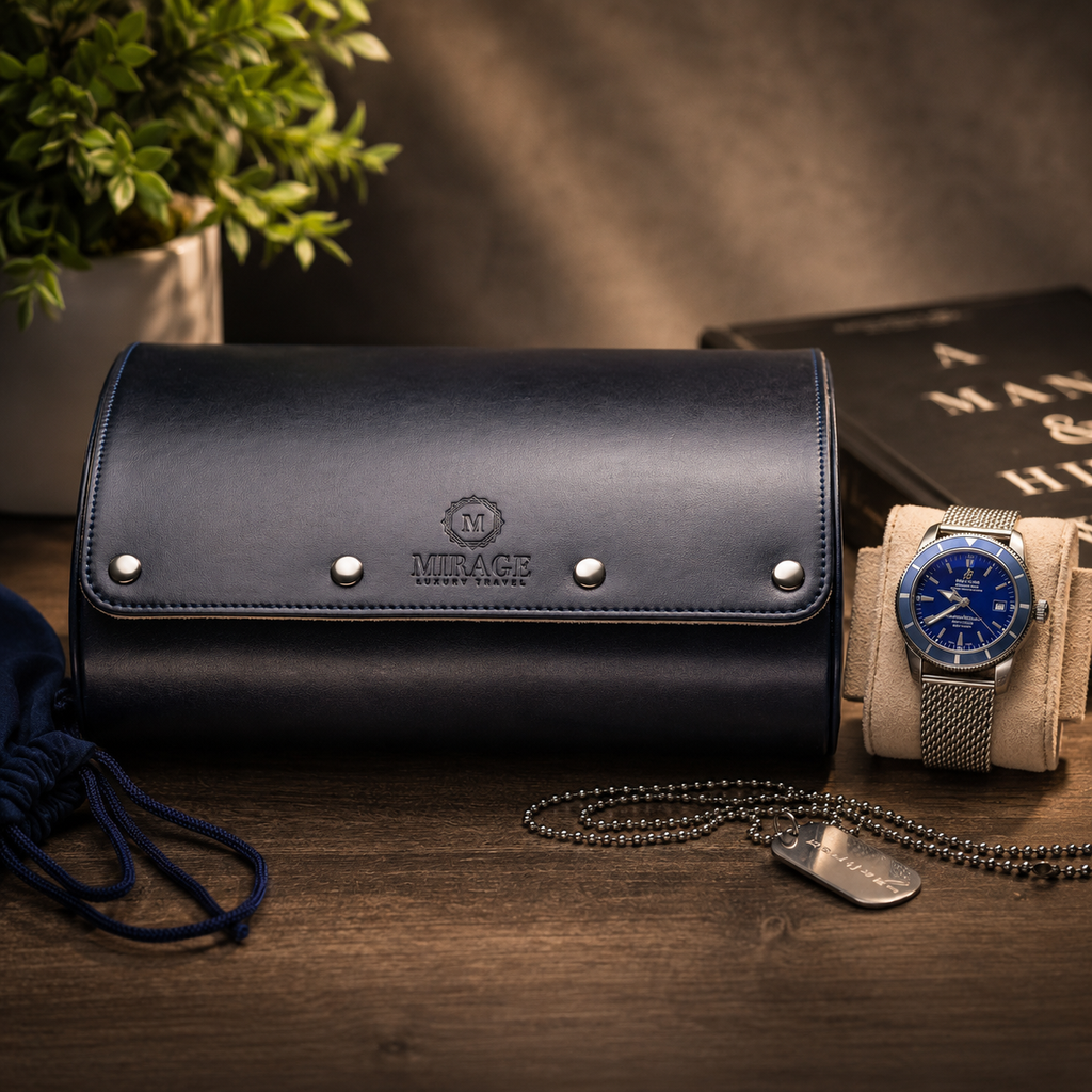 6 Watch Travel Case Vegan Leather Watch Roll (Midnight Blue - White Interior)