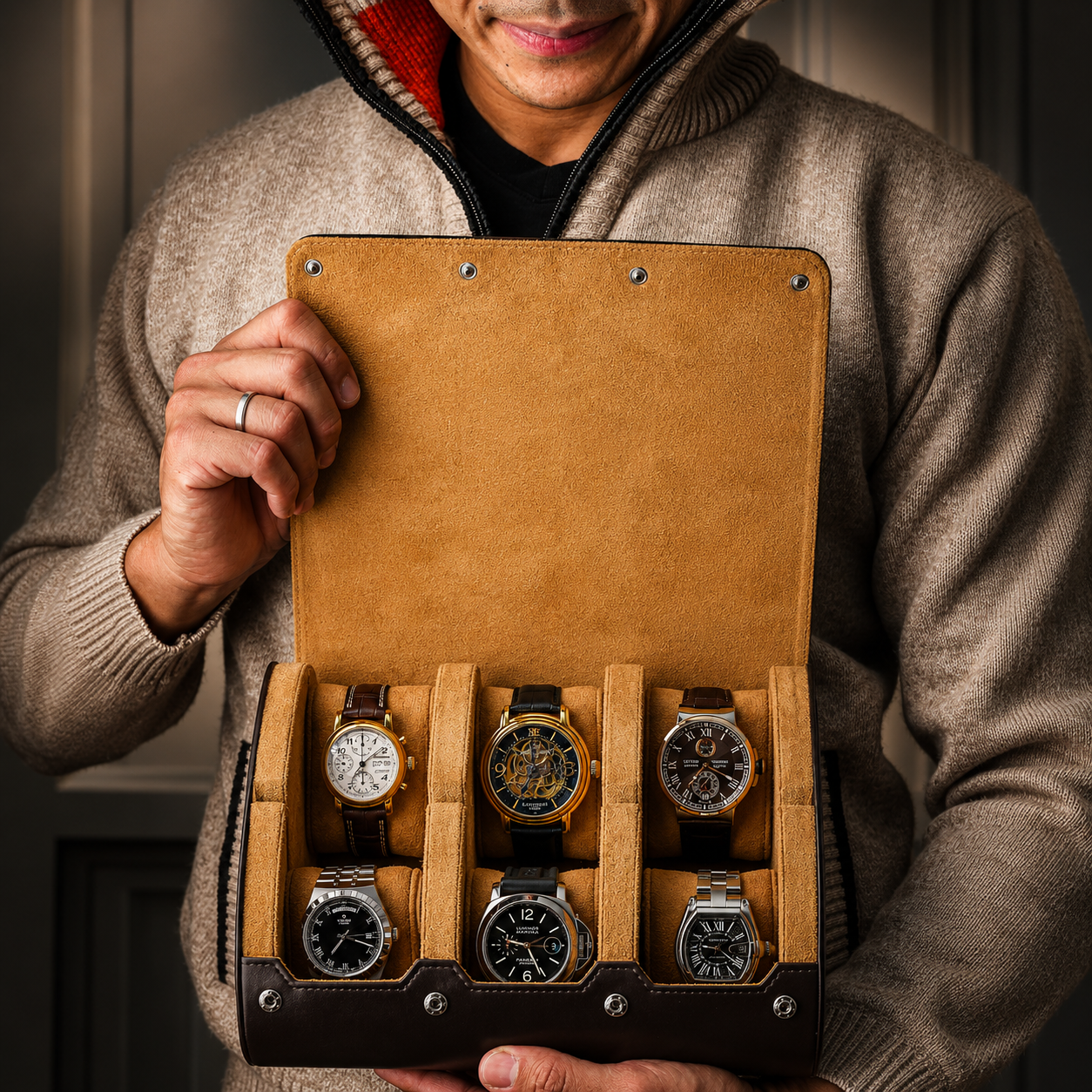 6 Watch Travel Case Vegan Leather Watch Roll (Espresso Brown)