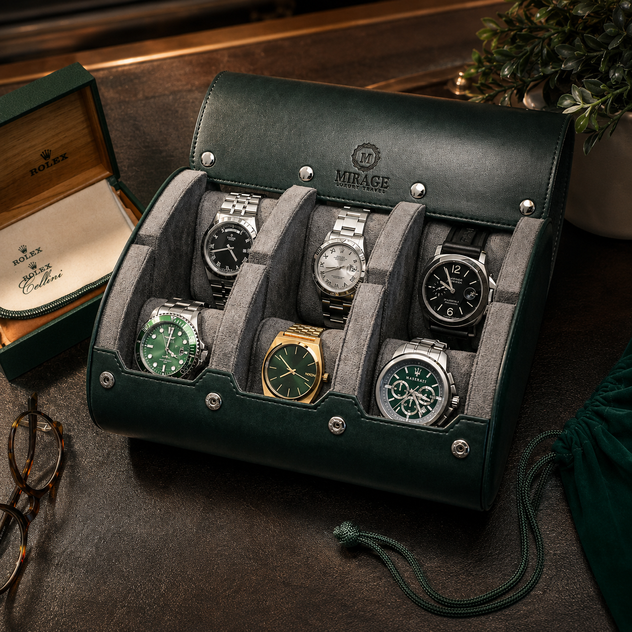 6 Watch Travel Case Vegan Leather Watch Roll (Royal Green)
