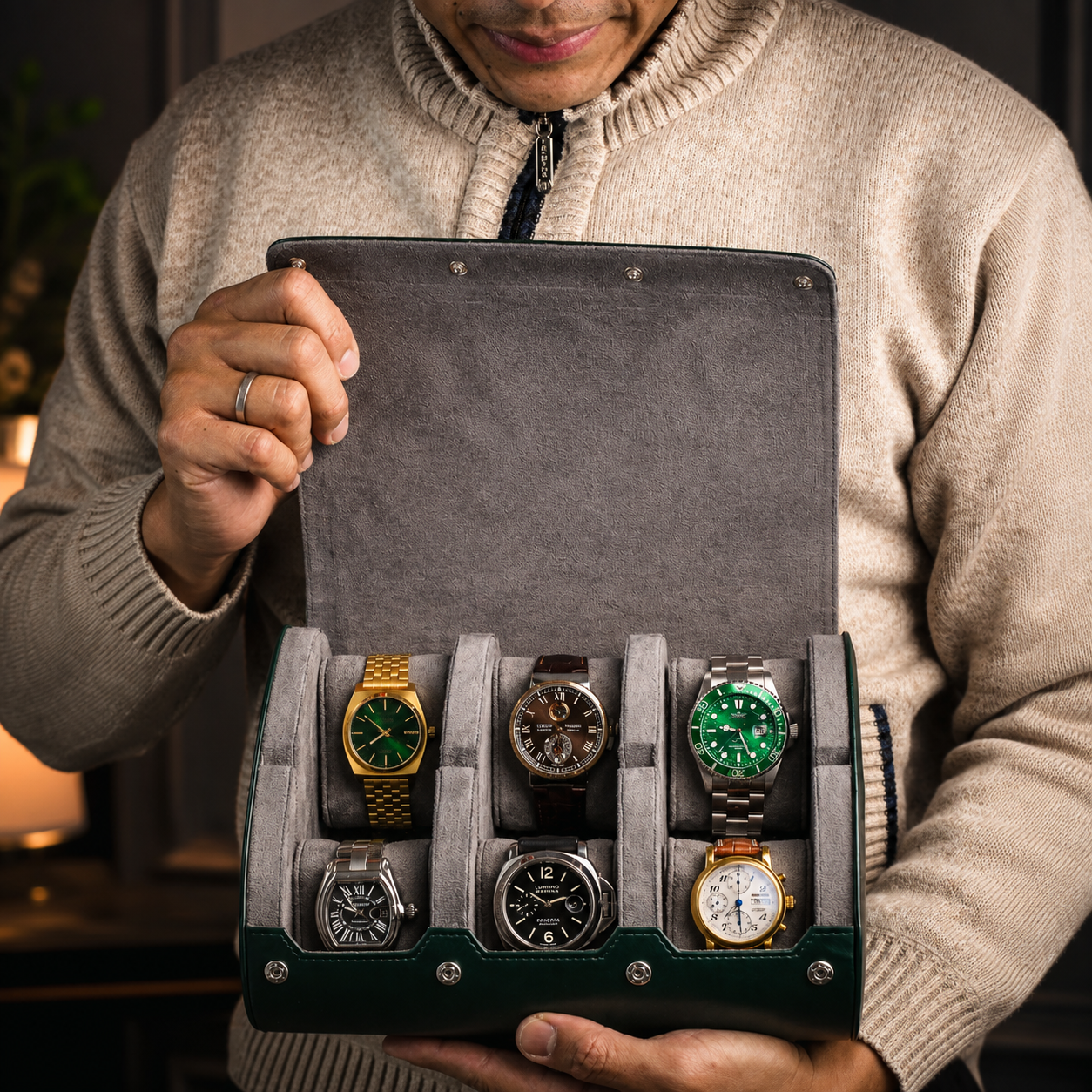 6 Watch Travel Case Vegan Leather Watch Roll (Royal Green)
