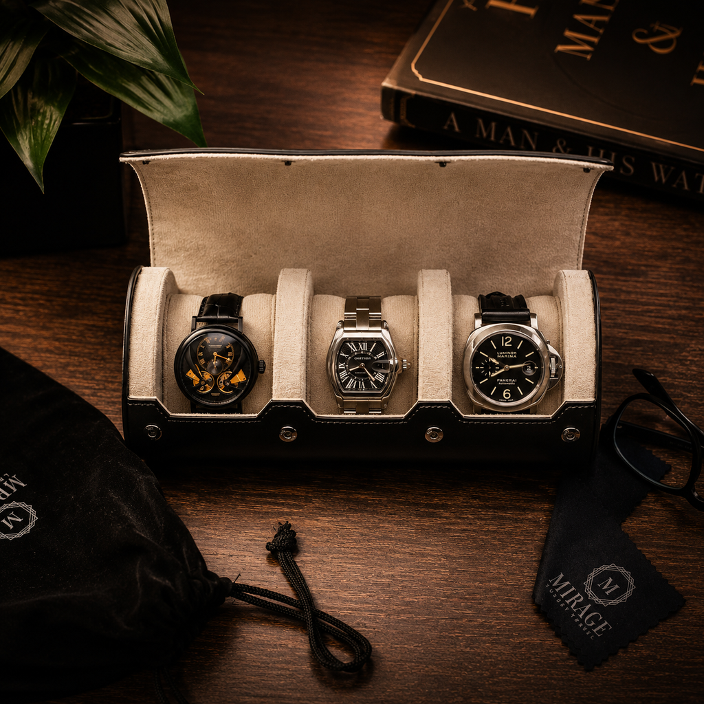 3 Watch Travel Case Vegan Leather Watch Roll (Jade Black - White Interior)