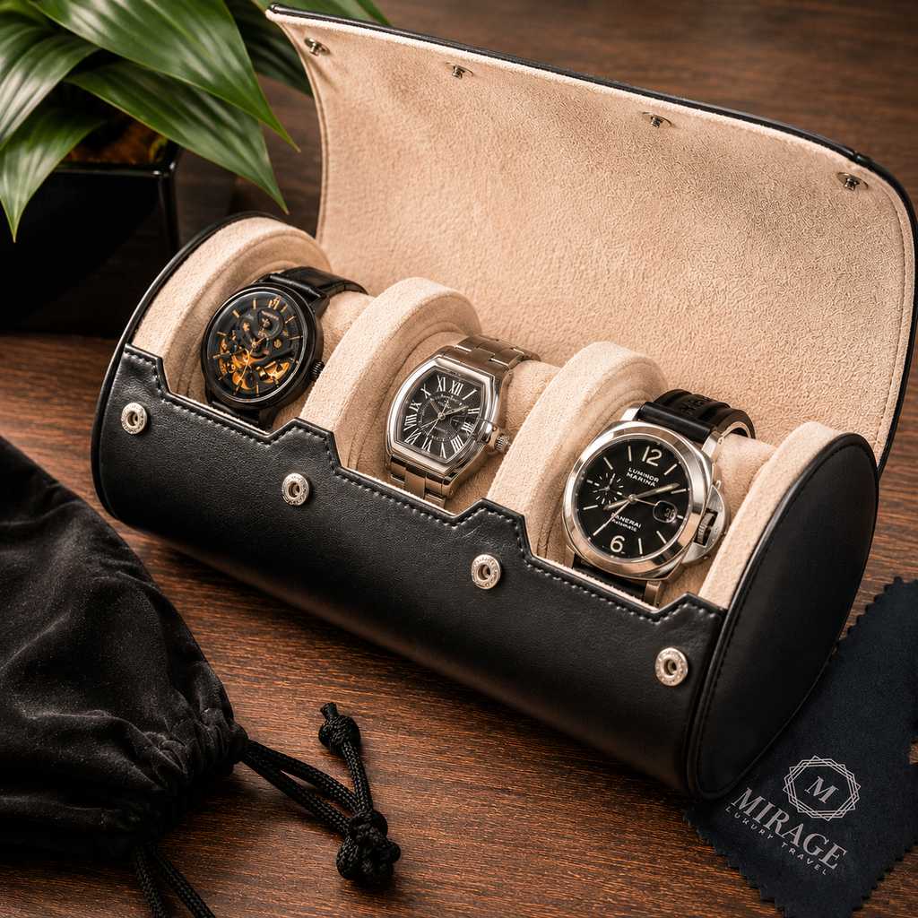 3 Watch Travel Case Vegan Leather Watch Roll (Jade Black - White Interior)