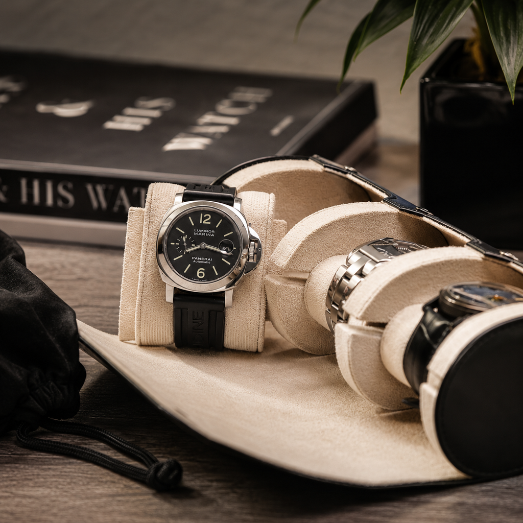 3 Watch Travel Case Vegan Leather Watch Roll (Jade Black - White Interior)