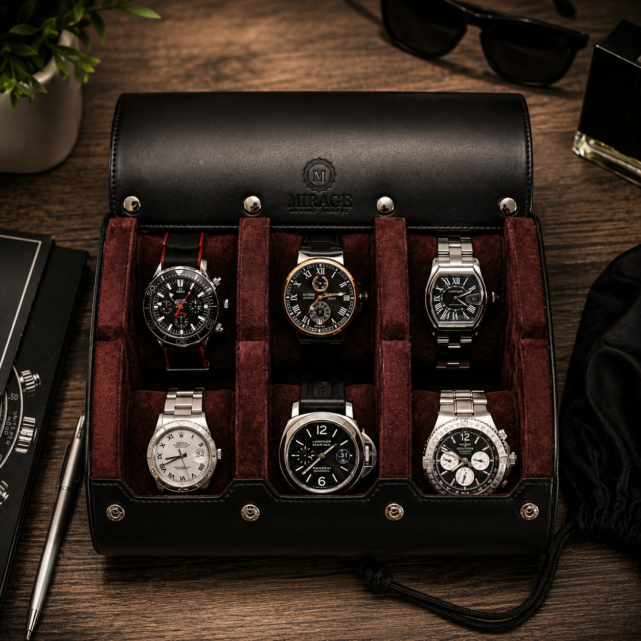 6 Watch Travel Case Vegan Leather Watch Roll (Jade Black)
