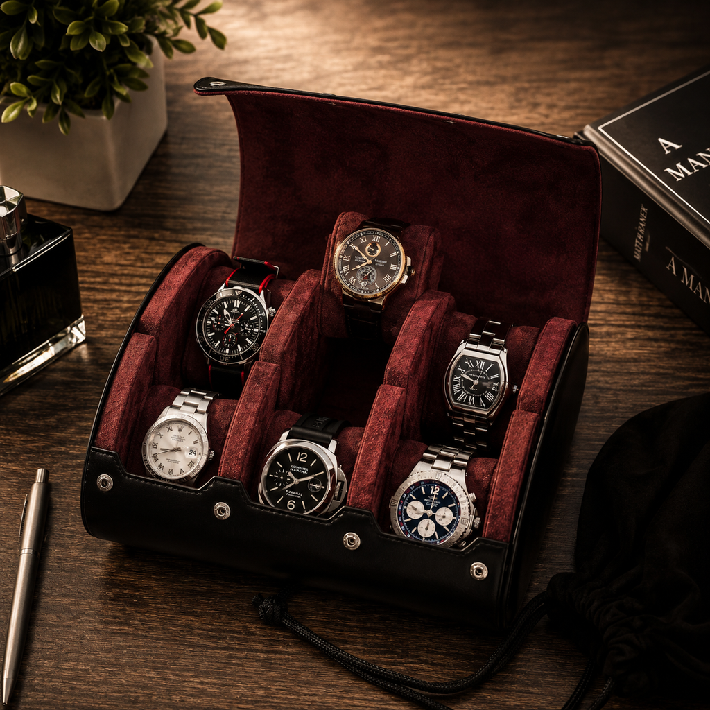 6 Watch Travel Case Vegan Leather Watch Roll (Jade Black)