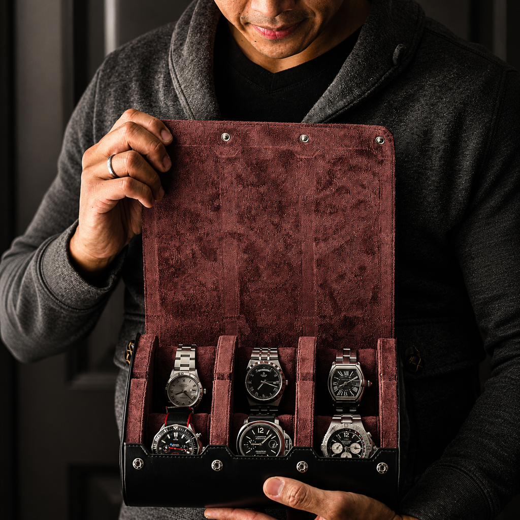6 Watch Travel Case Vegan Leather Watch Roll (Jade Black)