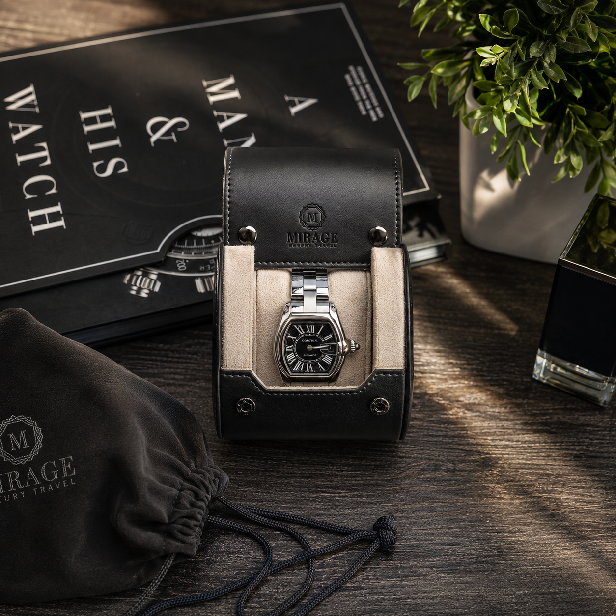 1 Watch Travel Case Vegan Leather Watch Roll (Jade Black - White Interior)